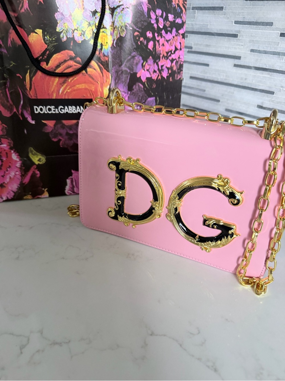 Pink Patent DG Chain Shoulder Bag